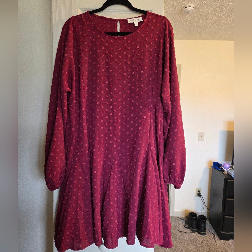 She + Sky Burgundy Long-Sleeve Textured Swing Dress